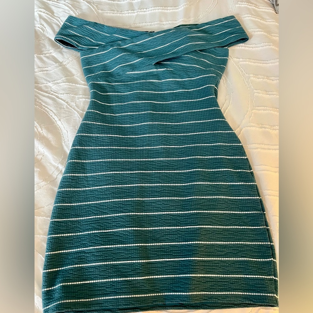 Privacy Please - Off the Shoulder, Teal and White Striped Mini Dress